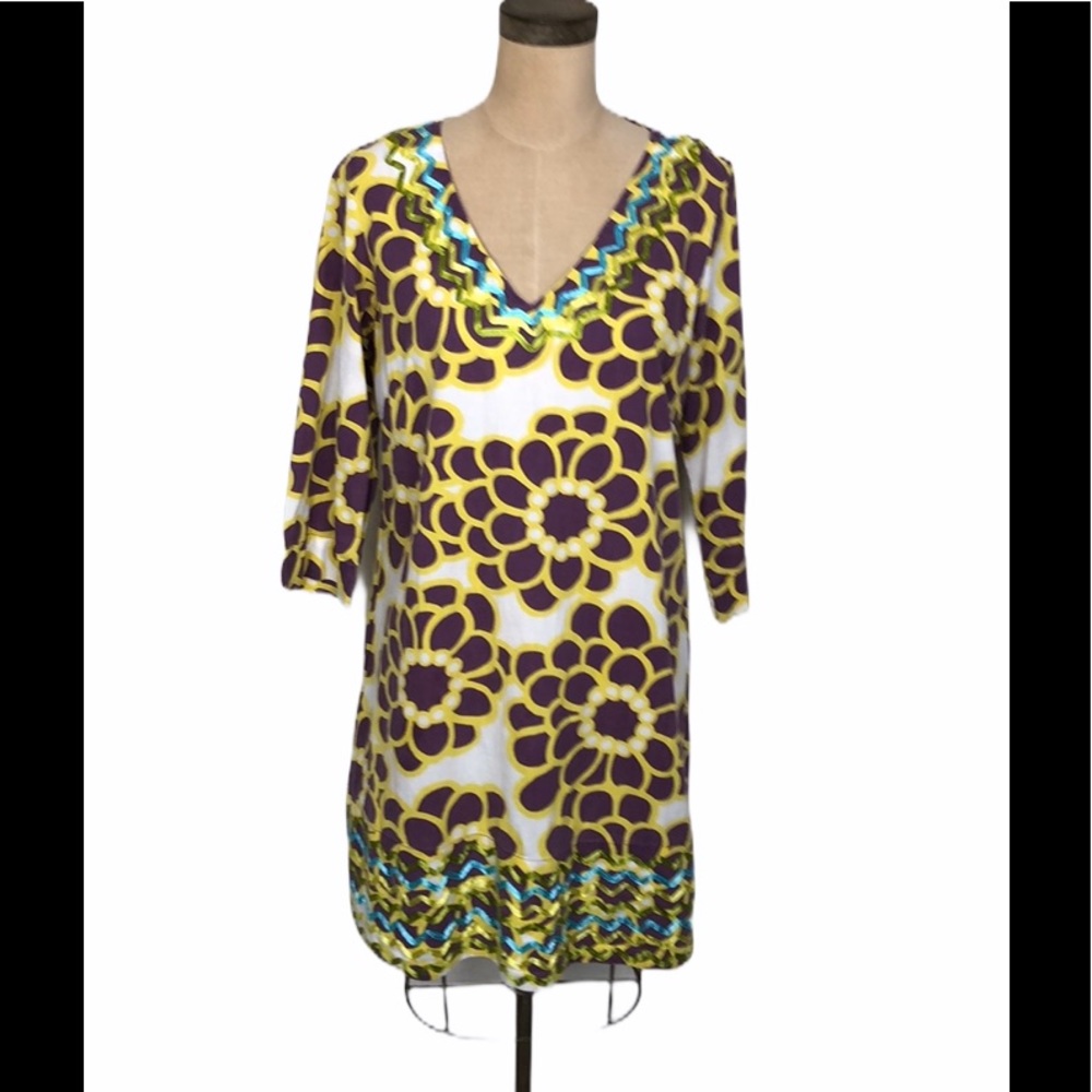Boden ric rac trim Ibiza Kaftan print tunic dress cover up caftan 12